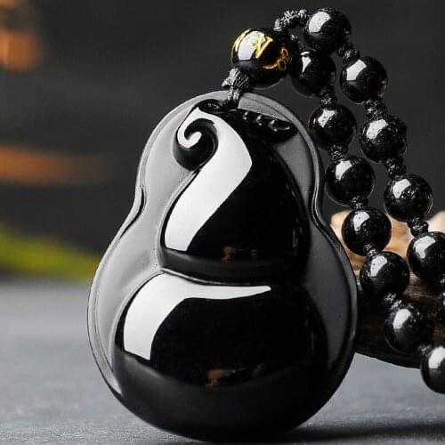 Natural Black Obsidian Gourd Jade Pendant Necklace Chinese Hand-Carved Fashion Jewelry Accessories Amulet for Men Women Gifts