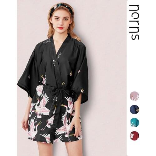 Norns new women Print Gown Night Ladies Women Sleeve Multi Pajamas Bathrobe Women Dressing Robe Sleepwear Flower Silk Nightgown