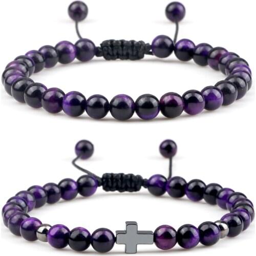 New 6MM Natural Purple Tiger Eye Beads Bracelet Hematite Cross Onyx Prayer Bangle Jewelry Yoga Energy Buddha Gift for Men Women