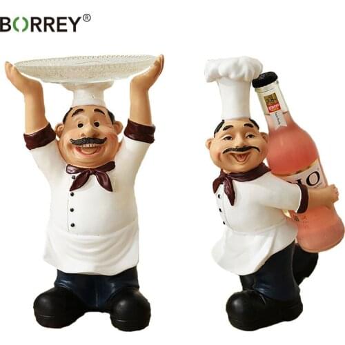 BORREY Creative Resin Cartoon Chef Figurine Candy Plate Chef Wine Rack Crafts Ornaments Display Stand Decoration Organizer Tray