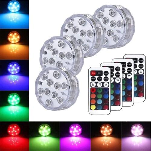 Submersible LED Lights 10 LED RGB Underwater Fishing Lamp Battery Operated Remote Control Wireless Multi Color Tub Swimming Pool