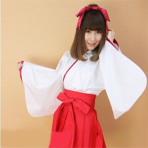 Full Set Japanese Traditional Anime Inuyasha Psychic Kikyo Kimono with OBI Belt Cosplay Costume Tops+Short Skirts+Headwear