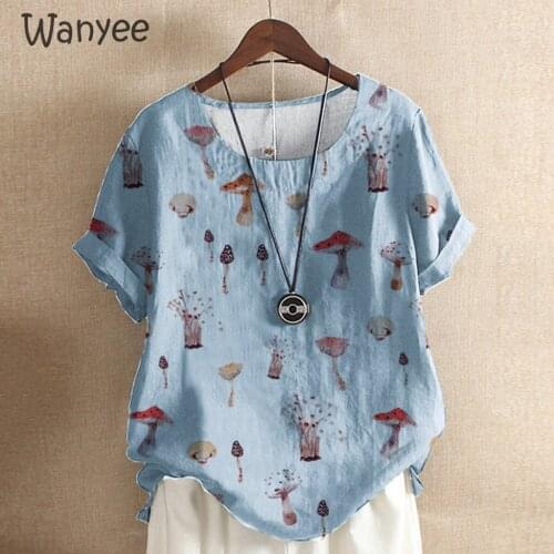 Womens Cute Mushroom Print Top Fashion Short-Sleeve Casual Round Neck Clothing Summer Loose Pullover Ladies Fashion Comfortable
