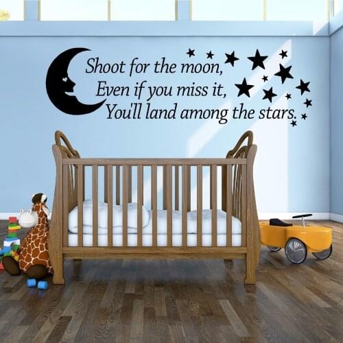 Shoot For The Moon Wall Art Vinyl Sticker Bedroom Nursery Decoration Kids Quote Wall Mural Moon And Stars Vinyl Art Mural AY1027