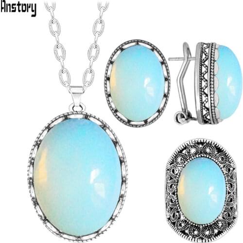 Vintage Oval Natural Quartz Opal Jewelry Sets Natural Jades Amethysts Stone Necklace Earrings Ring Fashion Jewelry Set