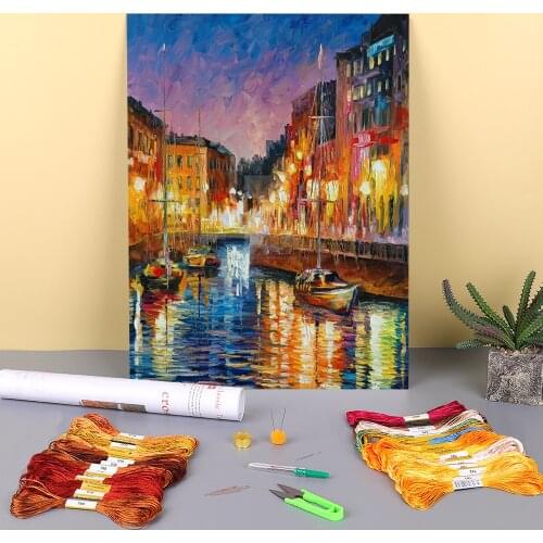 Yacht In Canal Printed Water-Soluble Canvas 11CT Cross Stitch Embroidery Set DMC Threads Hobby Handicraft Sewing Craft Decor