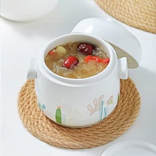 Japanese Ceramic Simple Stew Pot with Double Lid and Handle Creative Soup Bowl Household Steamed Egg Dessert Bowl Tableware