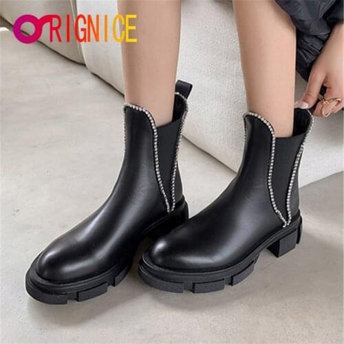 Orignice Hot Sale Genuine Leather Women Chelsea Ankle Boots British Style Slip On Fashion Round Toe Crystal Inlaid Party Shoes