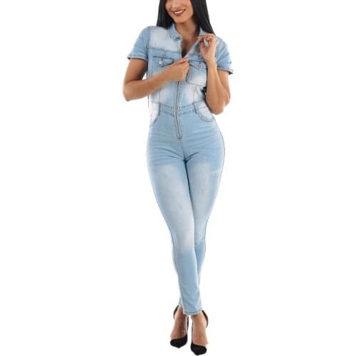 Womens Slim Sexy Short Sleeve Front Zipper Jeans Street Long Casual Pencil Jumpsuit