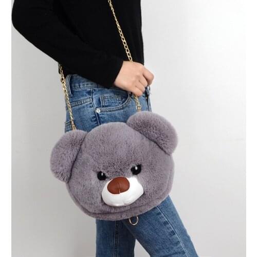 15 Colors Cute Bear Plush Backpacks Bear Head Messenger Bag Bears Single-shoulder Bag for Women Fur Bag with Chains Fur Handbag