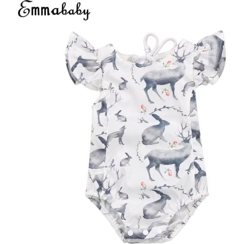 Summer Lovely Cartoon Rabbit Print Bodysuit Toddler Baby Girls Kids Clothes Short Sleeve Lace Bodysuits Jumpsuit Cute Outfits