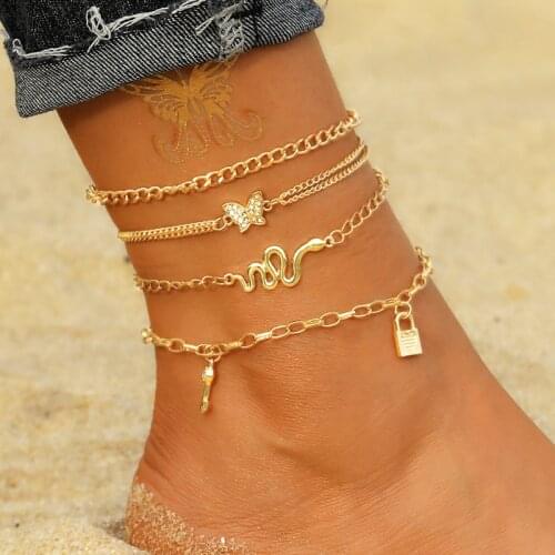 FNIO Punk Multilayered Lock Snake Chain Anklet For Women 2021 Trend Gold Butterfly Shell Anklets Foot Bracelet Beach Jewelry