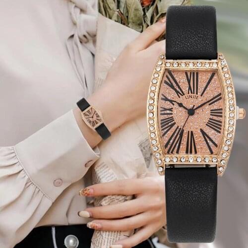 Retro Tonneau Roma Diamond Watches Women Fashion Leather Wristwatches Simple Female Quartz Clock With Creative Pointers