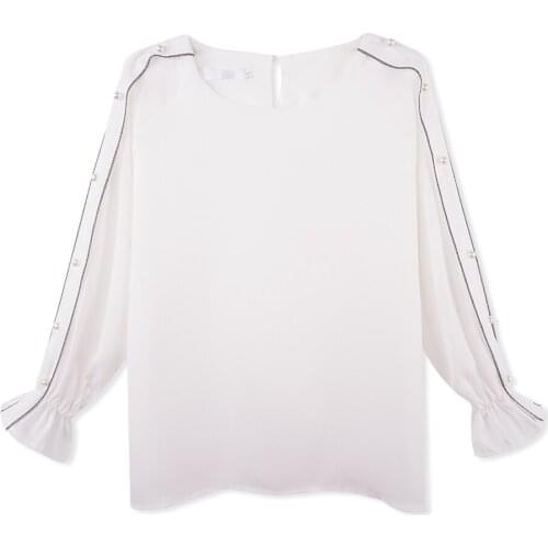 Elegant Korean Style Chiffon Shirt Long Flare Sleeve Beading splice Pink Female Blouse Tops Kawaii Slim Softwear Blusas