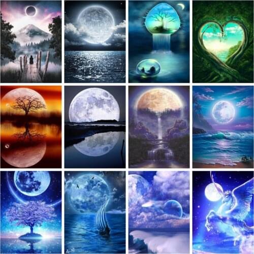Huacan Diy Diamond Painting Moon Scenery Embroidery Night Landscape Mosaic Home Decor Diamond Art