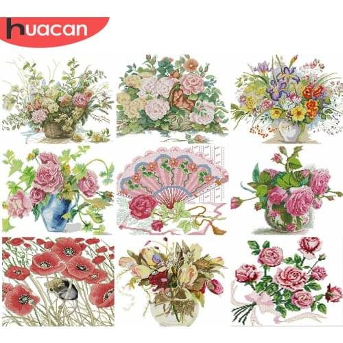 HUACAN DIY Cross-Stitch Flower 11CT 14CT Embroidery Needlework Sets Cross Stitch Flowers Kits White Canvas Home Decor