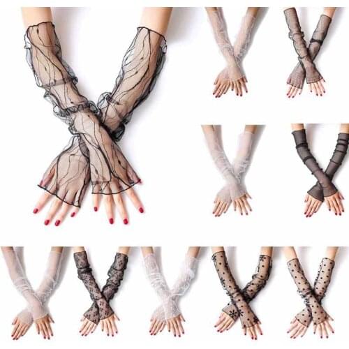 Women Girls Summer UV Protection Sunscreen Long Gloves Sheer Fishnet Mesh Lace Fingerless Arm Sleeves Jacquard Floral Leggings