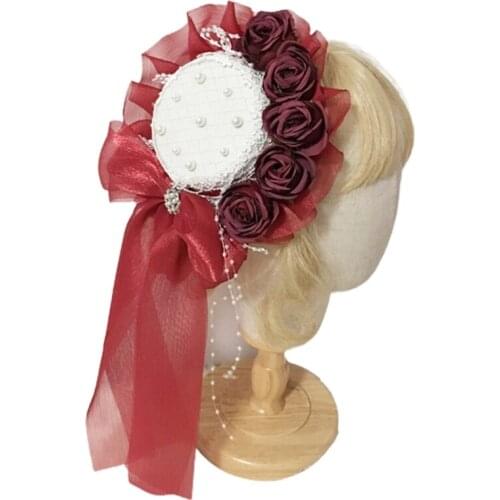 Sweet Lolita Imitation Pearl Beaded Mini Lace Top Hat with Rose Flower Ribbon Bowknot Kawaii Headdress Vintage Cosplay Hair