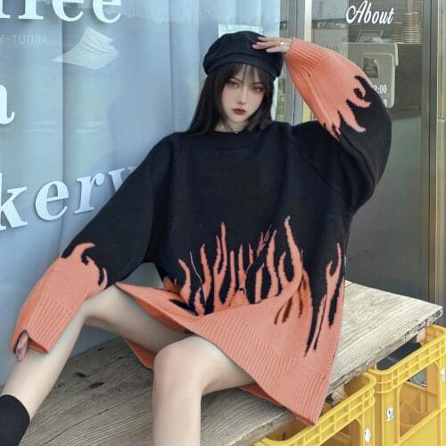 Winter Autumn Oversize Sweater Loose Long O-Neck Flame Knitted Pullover Tops