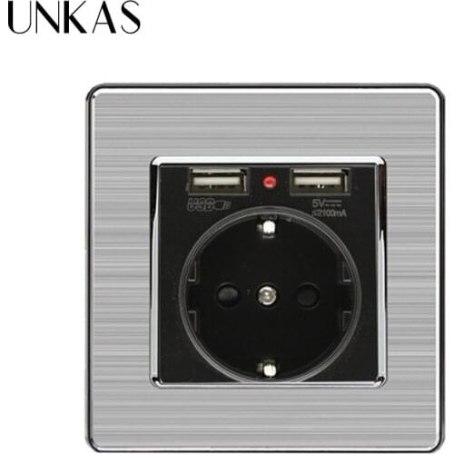 UNKAS Black Dual USB Charging Port 5V 2.1A Wall Charger Adapter LED Indicator 16A EU Socket Power Outlet Stainless Steel