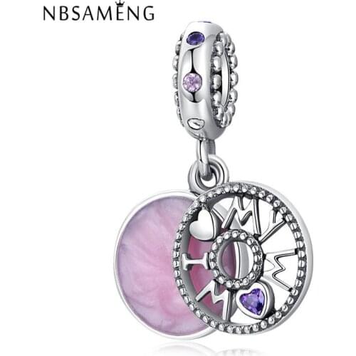 Newest Authentic 925 Sterling Silver Pink & Lilac Crystal I Love My Mom Beads Fit Original Bracelets DIY Charm