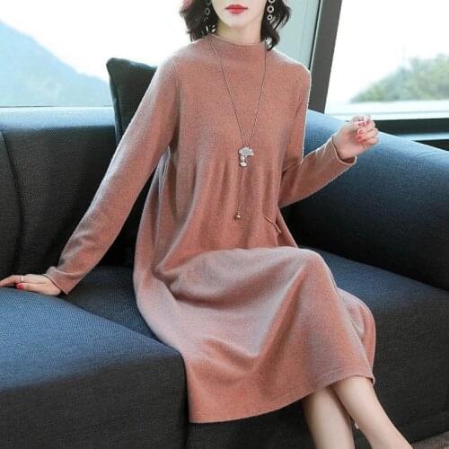 Autumn Winter Plus Size Women Long Knit Dress Half High Collar Loose Waist Casual Sweaters Long Sleeve Bottoming Dresses KW295