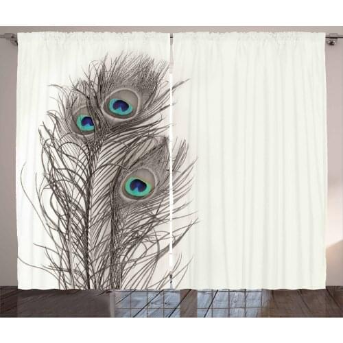 Peacock Feather Curtains Bohemian Plumage on Plain Backdrop Satin Fabric Drapes for Living Room Bedroom 2 Panel Window Set