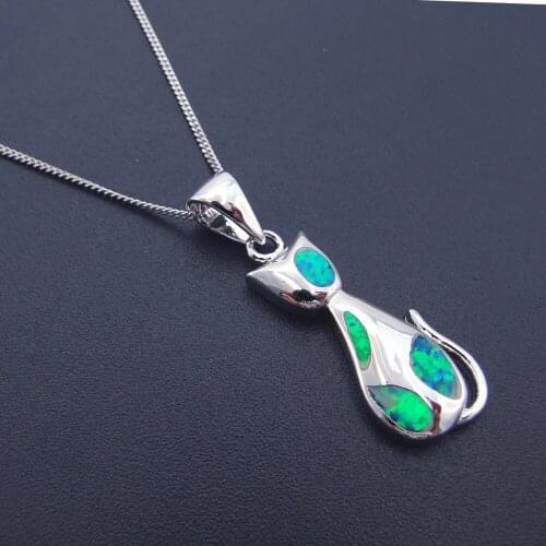New Pendant Charm Fashion 925 Silver Plated Pendant with Green Fire Opal Small Cat Pendant for Girls Birthday Gift without Chain