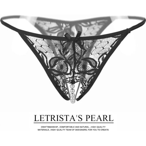 Sexy G-string Briefs For Women Transparent Hollow Out Lace Underwear Hot Seductive Solid Pants Sex Pearl Massage Underpants