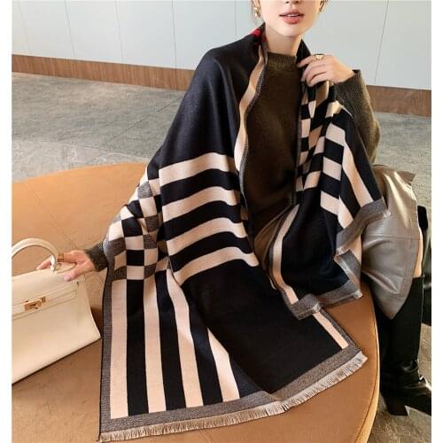 VISROVER White Stripe woman winter scarf fashion female shawls cashmere handfeeling winter wraps stripe winter hijab scarf gift