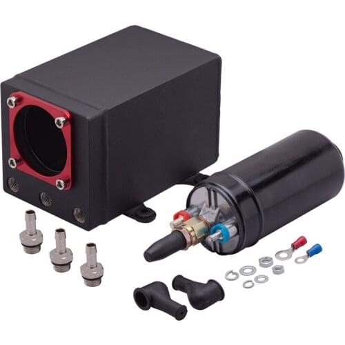 60mm External 044 fuel pump tank racing black Billet aluminium AN6 fitting oil catch can fuel surge tank with 0580254044 pump