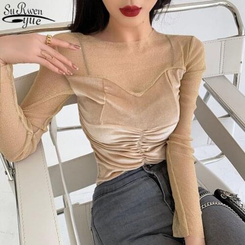 2021 Fashion Korea Mesh Women Blouse and Tops Office Lady O Neck Elegant Women Shirts Long Sleeve Solid Female Clothing 12942