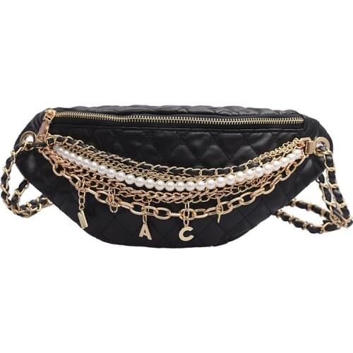 Womens Waist Bag Pearl Ling Grid PU Chain Fanny Pack Bananka Travel Leisure Bag For The Belt Women Catwalk Belly Band Belt Bag