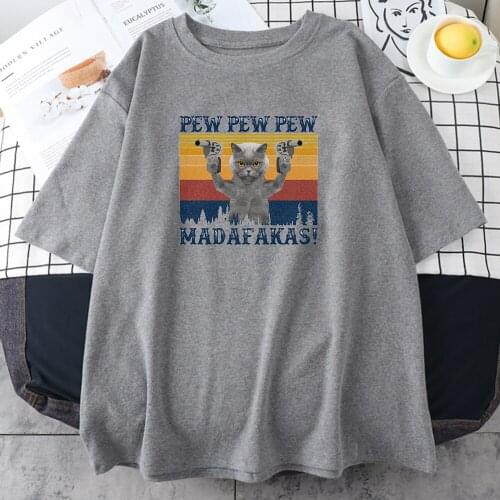 Pew Pew Pew Double Gun Cat Prints T Shirts WomenS Fitted Home Tshirt Casual Comfortable Clothing Fashion S-Xxxl Tshirt Womens