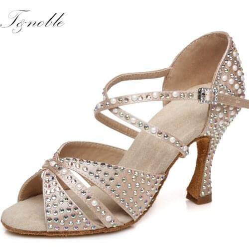 Women High Heels Latin Dance Shoes Rhinestone Salsa Ballroom Dancing Sneakers Rubber Sole Lace-Up For Ladies Party Sandals L428