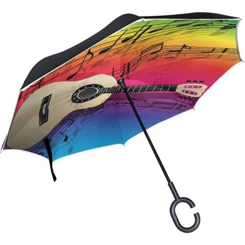 Music Guitar Windproof Reverse Folding Double Layer inverted Car Umbrella Self Stand Upside Down Womens Rain Umbrella C Handle