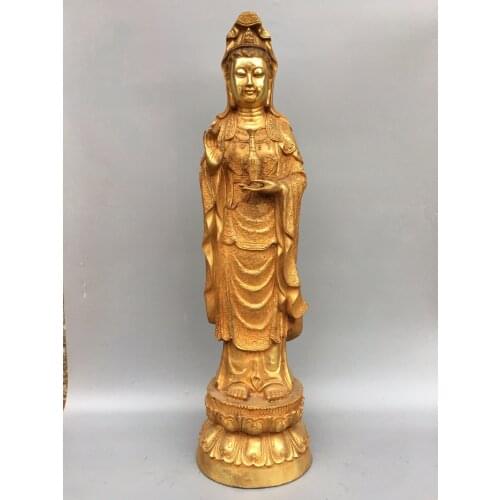 25"Chinese temple collection Old Bronze Gilt Clean bottle Guanyin Bodhisattva statue Standing Buddha Enshrine the Buddha