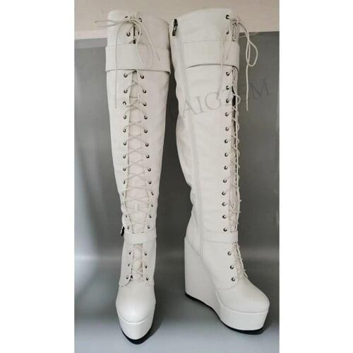 BERZIMER Women Knee High Boots Lace Up Wedges Wide Calf Friendly Boots 2021 Winter Faux Leather Shoes Woman Ladie 43 44 45 47 52