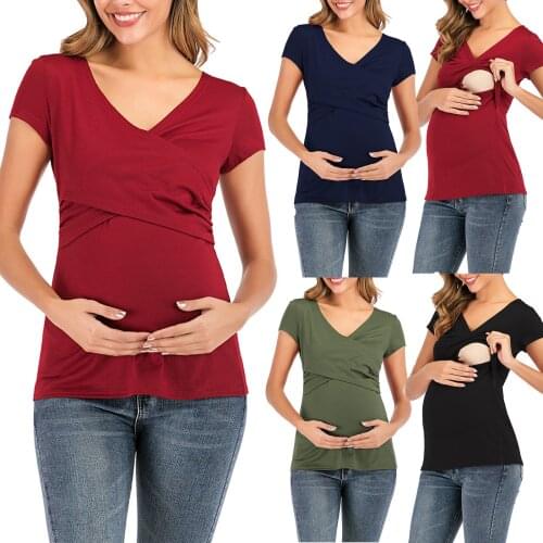 Plus-Size Pregnant T-Shirt Tops Woman V-Neck Short Sleeve Solid Color Fashion Maternity Breastfeeding Nursing Tops ropa premama