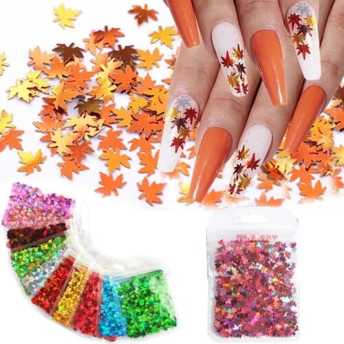 Holographic Laser Maple Leaf Nail Stickers Nail Glitter Flakes Sequin Mirror Sliders For Nails Stickers For Nail Art Decoration