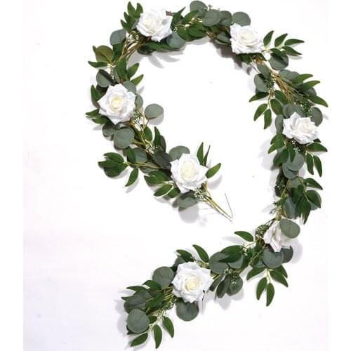 2M Artificial Eucalyptus with Rose Garland Hanging Rattan Vertical Garden Home Table Party Wedding Backdrop Wall Decor Vine