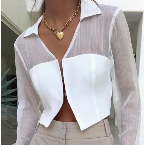 Pure color simple lapel hook and button cardigan splicing top womens spring and summer new perspective scheming short shirt Top