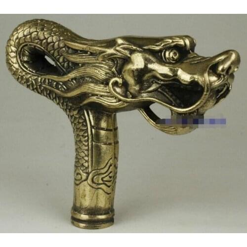 Chinese Brass Copper Hand carved Cane Walking Stick Head Handle Dragon Statue