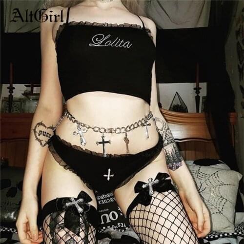 AltGirl Gothic Punk Two 2 Pieces Sets Women Harajuku Streetwear Mall Goth Letter Embroidered Camis High Waist Sexy Briefs Suit