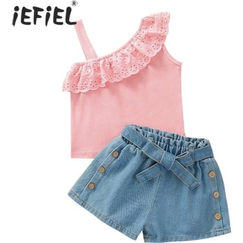 Kids Girls Clothes Sets Kids Strap One Shoulder Ruffle T Shirts Tops+Belted Denim Button Shorts Outfits Children Clothing 1-5Y