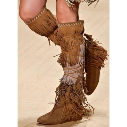Hot Selling Brown Suede Fringe Knee High Boots Women Round Toe Lace-up Tassel Height Increasing Winter Boots for Women