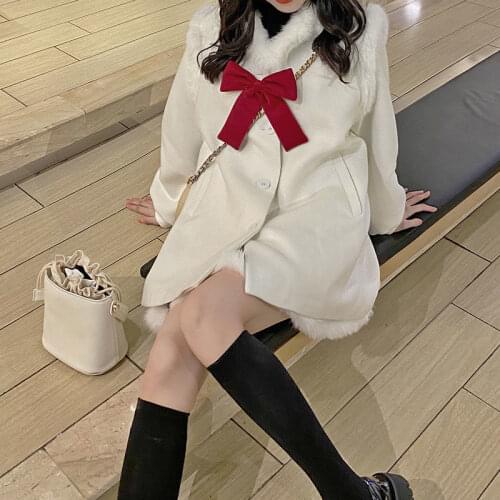 Japanese Cute Kawaii Girl Wool Coat Gothic Lolita Preppy Harajuku Vintage JK Sweet Fairy Bowknot Young Woman Warm Trend Coat