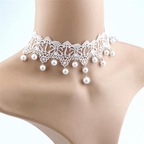 Fashion Elegant Vintage Imitation Pearl White Lace Statement Choker Necklaces Bridal Jewelry For Women Wedding