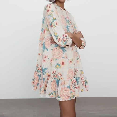 MUICHES Vantage Floral Print Mini Dress Woman French Style Three Quarter Sleeve Loose Sweet Dress 2021 New Summer Holiday