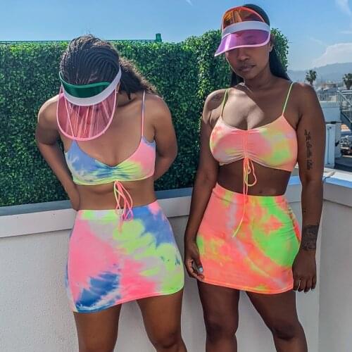 Neon Rainbow Bodycon Two Piece Dress Set Women Crop Top Mini Skirt Tie Dye 2 Piece Matching Sets Club Outfit